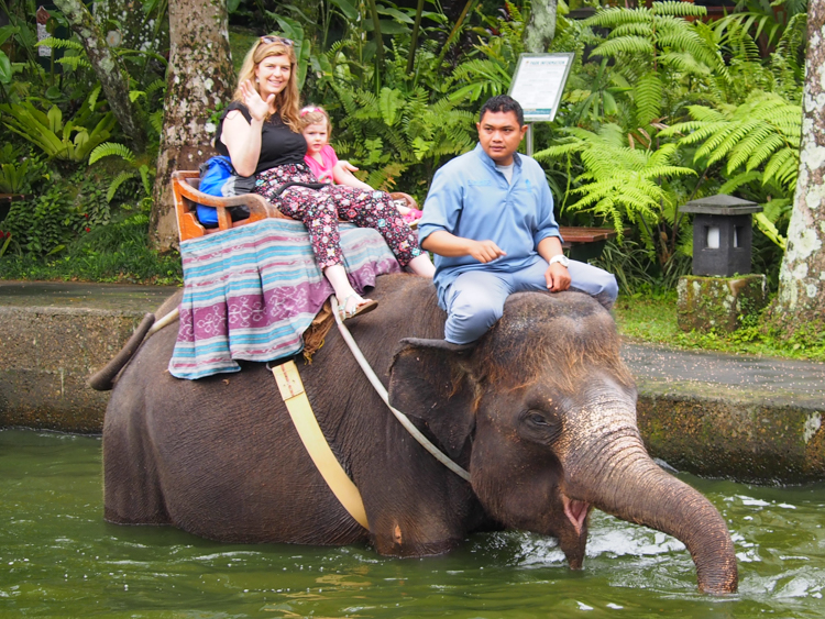 Bronwyn and Berrima ride an elephant in the water