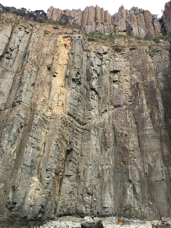 Looking up at the towering dolerite cliffs of Bruny Island