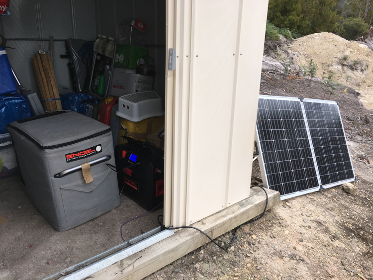 Solar panels, battery box, and fridge