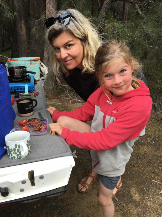 Berrima and Bronwyn picnic on the back of the Landcruiser