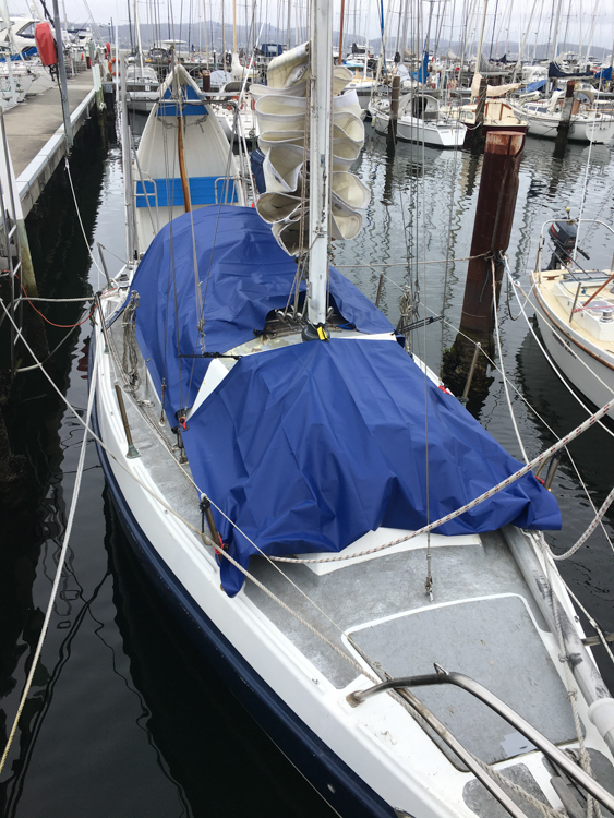 Cheval de Mer, without windows, protected by tarpaulins