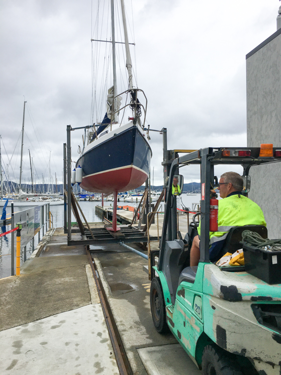 Cheval de Mer is pushed in her cradle, back into the Derwent River