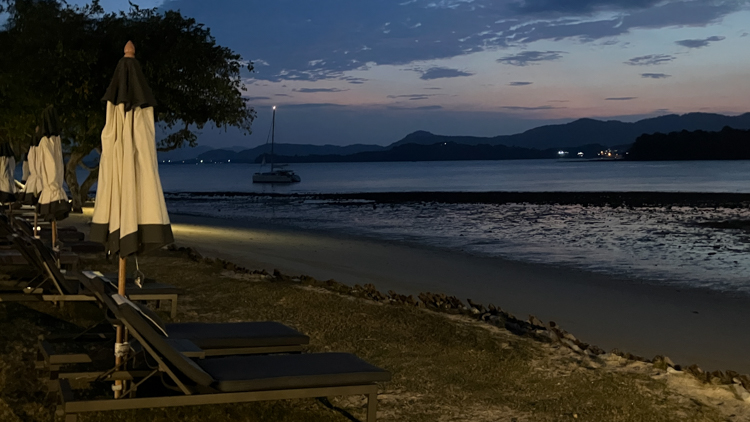 Eos at anchor at night, off Ko Naka Yai