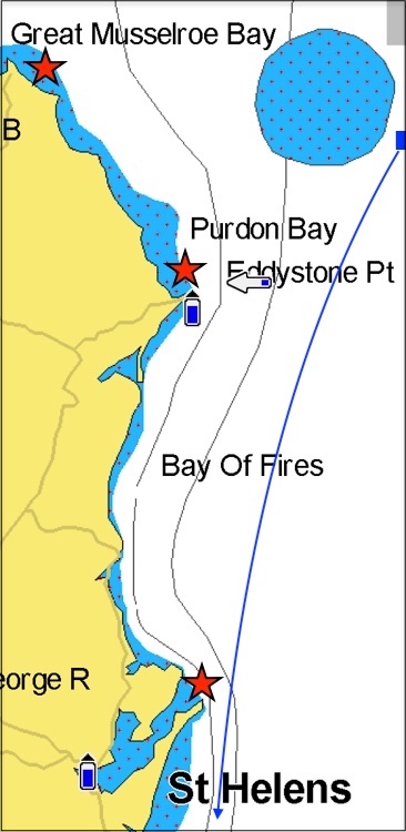 Planned route down the east coast of Tasmania