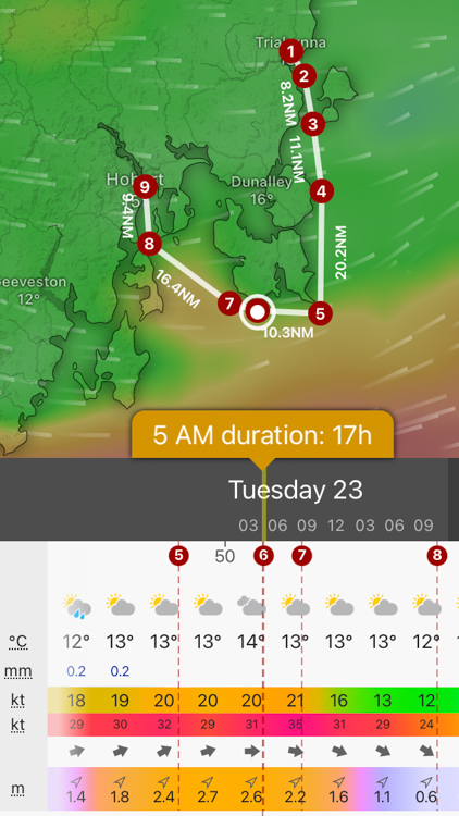 Weather chart of the route around Tasman Island