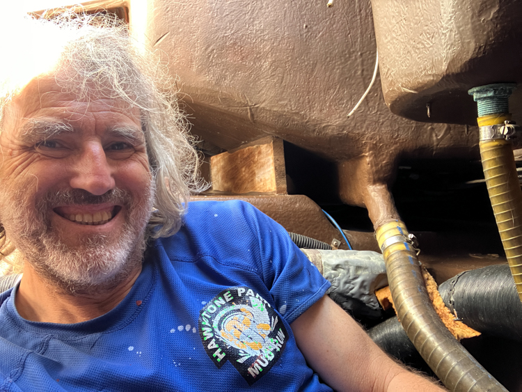 Reinhard in the bilge in the lazarette