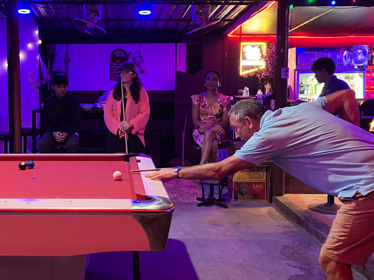 David playing pool at Golden Flowers by Linly's Bar
