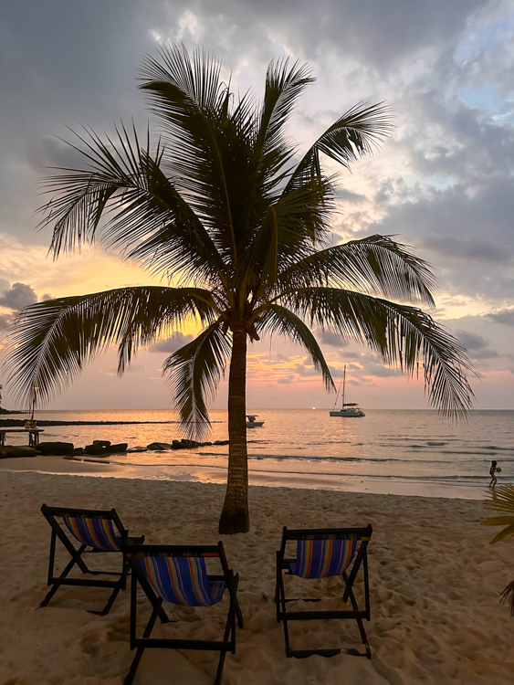 Ar Marg and a palm tree sunset, from a beach on Ko Kood