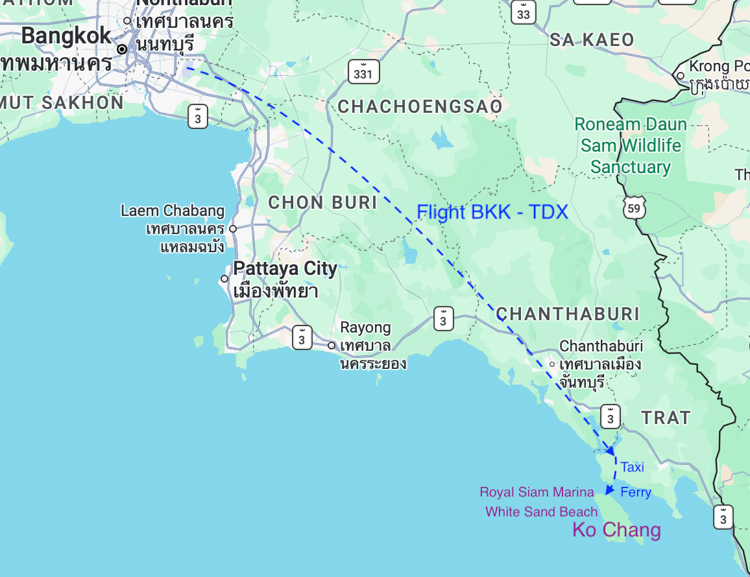 Map of the route from Bangkok to Ko Chang